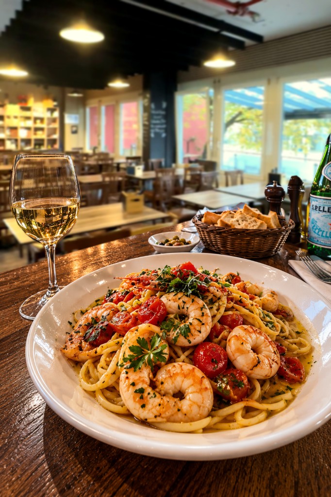 Pasta mit Scampi, Tomaten und Weißwein